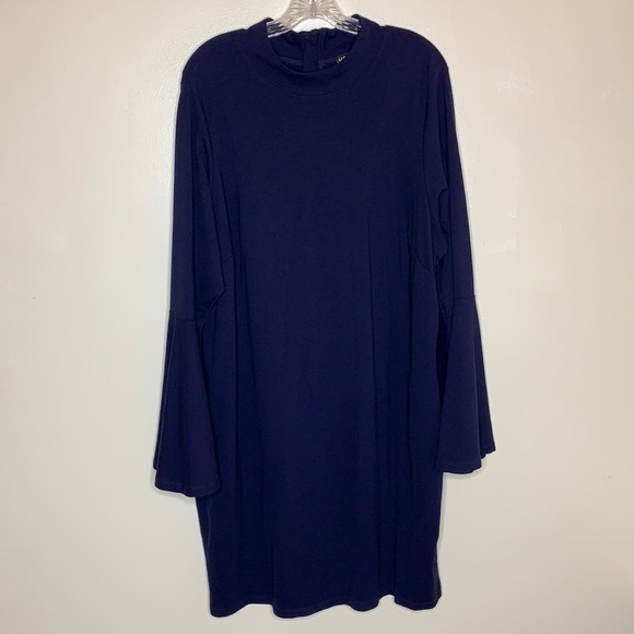 VENUS Navy Dramatic Bell Sleeves Mock Neck Ponte Knit Exposed Zip Dresses - Picture 1 of 12